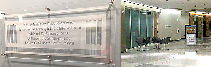 Entry way of the Admission Reception Area and honorary plaque for Dr. & Mrs. Gilmore